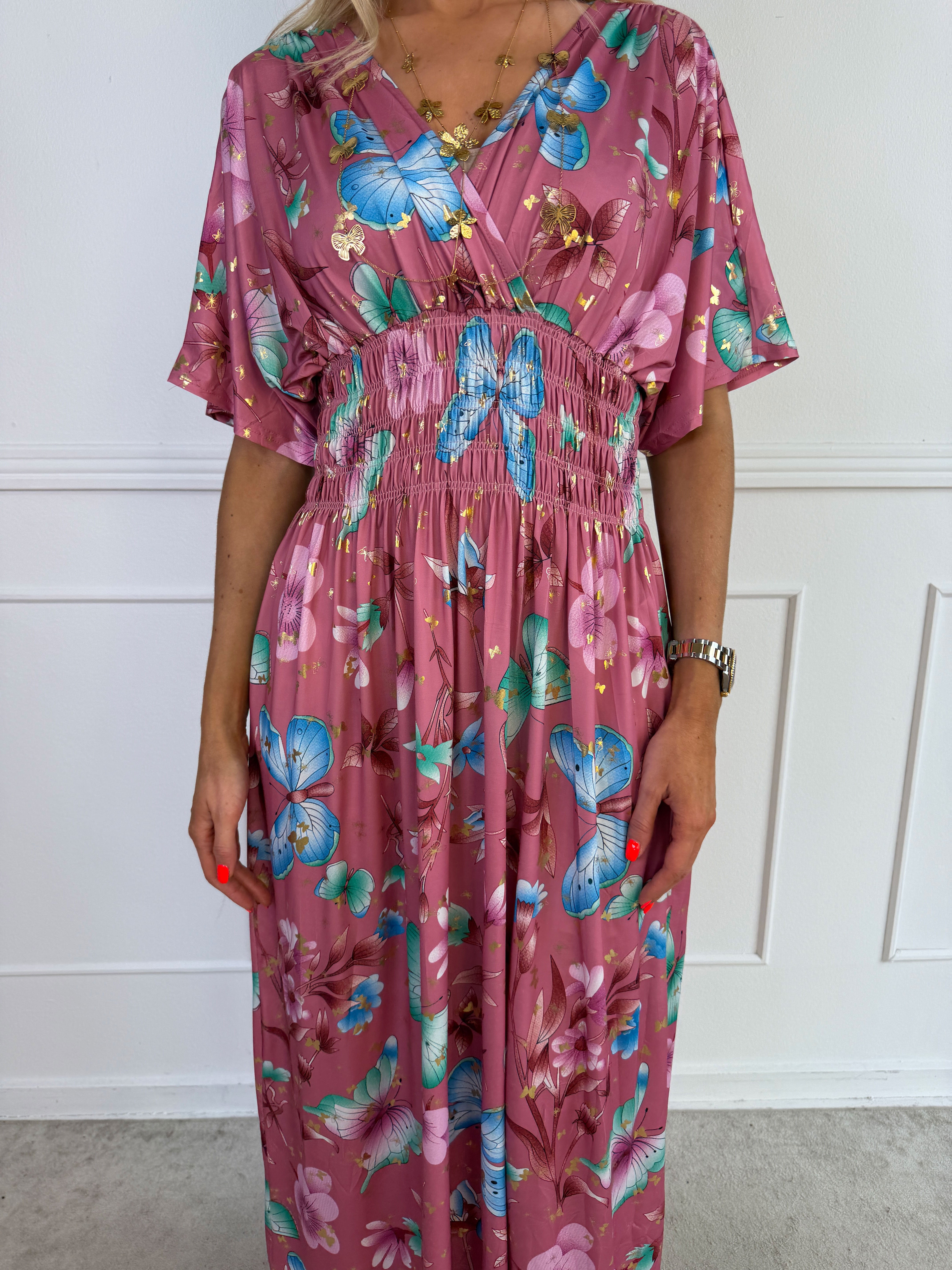 Pams Fairytale - Lång stretchig klänning i fint blom- och fjärilstryck